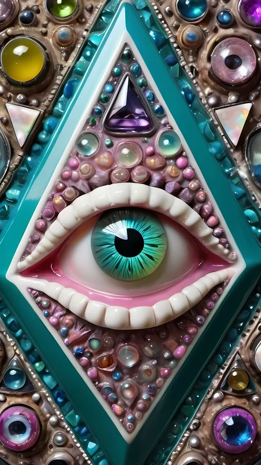 Prompt: an extremely hyper realistic ultra super textural weird trippy surreal psychedelic entity, pascals Triangle, translucent, white, blown glass, pearlescent finish, inlaid opal, glittering crystal accents, silver, pyrite, quartz,, chrome, bright vivid teals, blues, pinks/yellows/greens,purples,  lots and lots of light, lots of crazy colorful compound psychedelic human eyes, rows of human teeth, human lips, tongues, fungus,  atoms, diatoms, diatomic, algae, bryozoans, pascals Triangle, extreme high definition organic and mineral textures