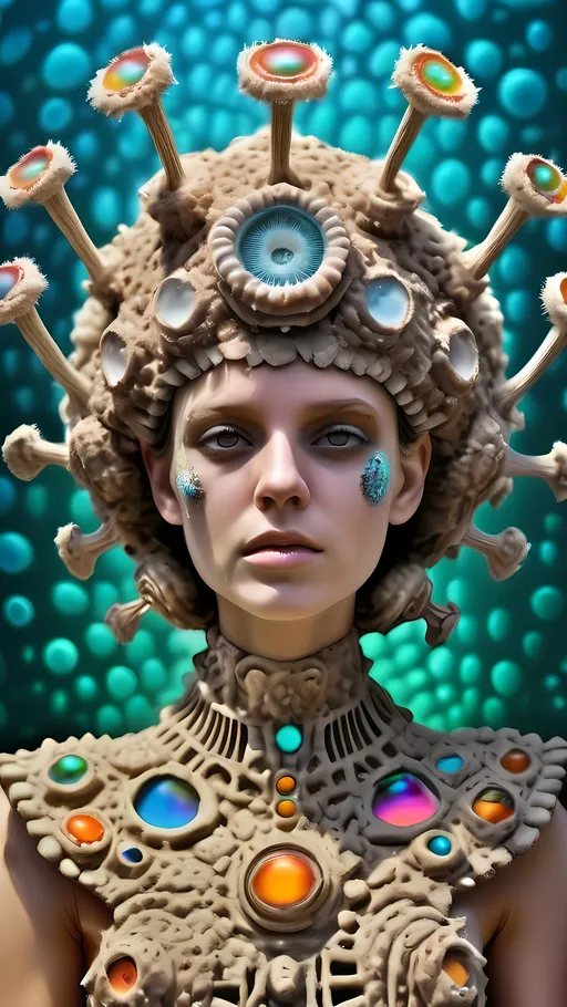Prompt: Extremely hyperrealistic ultra textural trippy surreal beautiful but odd unsettling psychedelic creature- a psychedelic diatomaceous creature entity queen crown jewelry cape with lots of crazy psychedelic human compound eyes, rows upon rows of human teeth.  head, face, body, limbs, fungus, Mandelbrot, oil slick rainbow sheen effect, holographic, hologram, translucent, vivid colors white, tons and tons of light, bright pastel colors, Gyroid Structures. Diatoms: bacillariophyta, siliceous, valves, girdle bands, raphe, striae, puncta, areolae, costae, rimoportula, fultoportula, chloroplasts, auxospore, epitheca, hypotheca, mucilage, frustule symmetry, valve morphology, pennate diatoms, centric diatoms, motile, non-motile, biofilm, epiphytic, epilithic, epipsammic, biogenic silica, diatomaceous earth, primary producers, carbon fixation, biogeochemical cycles, diatom blooms, paleoecology, nanostructures, microalgae, environmental indicators, aquatic ecosystems. geometric, symmetrical, radial, bilateral, elongated, circular, triangular, oval, star-shaped, pennate, centric, intricate, lattice-like, perforated, silica, frustules, ornate, microscopic, diverse, varied, delicate, transparent, golden-brown, pillbox-shaped, chain-forming, solitary, colonial, planktonic, benthic,