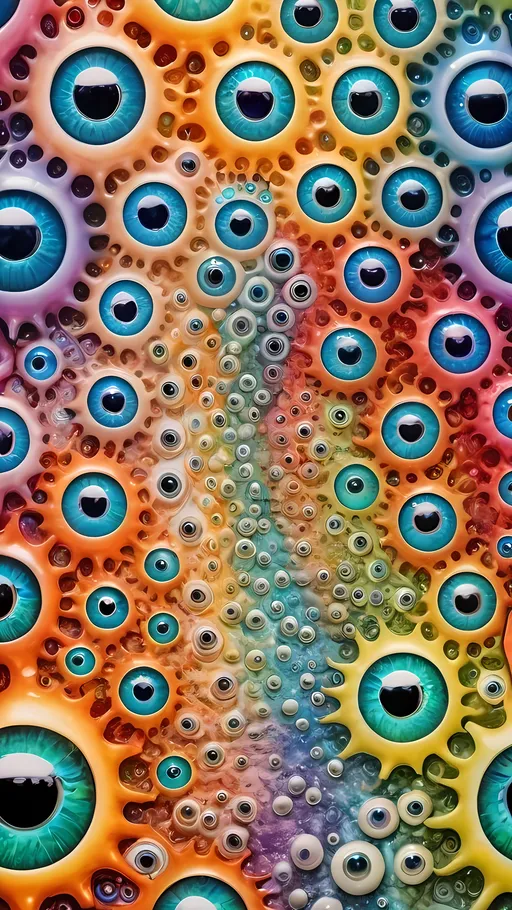 Prompt: an extremely hyper realistic ultra super textural weird trippy surreal psychedelic entity, Tessellation, white, translucent, clear, bright bright pastel colors, oil slick rainbow sheen effect, lots and lots of light, lots of crazy colorful compound psychedelic human eyes, rows of human teeth, fungus, atoms, diatoms, Tessellation