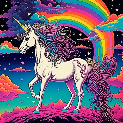 Prompt: <mymodel>Vintage 70s black light poster art illustration of a sparkly unicorn, fluffy white clouds with rainbows, psychedelic colors, retro art style, vibrant neon tones, glowing black light effect, detailed mane and tail, dreamy atmosphere, high quality, retro, psychedelic, vibrant colors, detailed illustration, soft pastel tones, glowing neon, vintage design, fantasy art