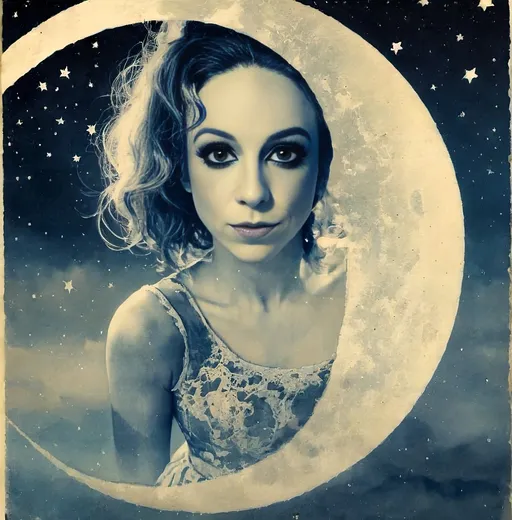 Prompt: Vintage Cyanotype print of a girl on the moon, detailed silhouette, vintage artistic style, cool tones, subtle moonlight, high quality, cyanotype print, vintage, detailed silhouette, moon, girl, subtle lighting, cool tones