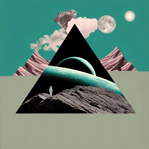 Prompt: a surreal trippy psychedelic collage evoking the feel of vintage sci-fi art. It will be set amongst trippy psychedelic patterns/optical illusions, alien/surreal/mountain landscapes, geometric shapes<mymodel>