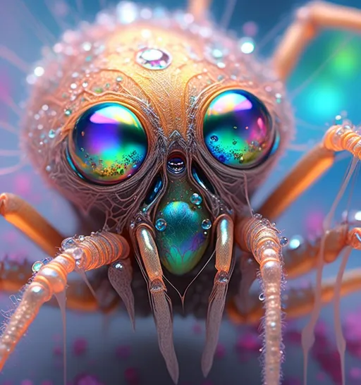 Prompt: <mymodel>extremely hyperrealistic extremely high textural beautiful female sentient spider entity, arachnid woman,8 eyes, humanoid, human woman with spider features, lots of light, extreme organic textures, white, translucent, bright pastel colors, oil slick rainbow sheen effect, silver, chrome, crystals, 
Arachnid, cephalothorax, abdomen, pedipalps, chelicerae, fangs, spinnerets, silk glands, book lungs, tracheae, 