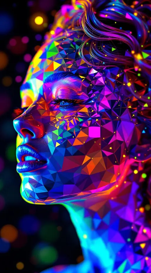 Prompt: Her face is not skin, not flesh—only tessellation. A rainbow-radiant hyperbolic tiling in AdS space blooms outward from the void: heptagons shrink toward infinitude across her cheeks, nested in sacred recursion. Every polygon pulses with nightclub light frequencies—sparkling with spectral data. Her jawline curves along orbiting geodesics, each spiral twisting like a Möbius braid caught mid-laugh.

A second tessellation blooms across her brow and hairline—Penrose tiles in flaming neon hues, interlocking aperiodically and flickering like recursive jewels. Her hair is made of pure colored light shaped by Hopf fibrations and modular waveforms, curling in 4D tessellation flows. Escape gradients shimmer across her cheeks, mapped to scalar field intensities and laced with Fourier diffraction halos.

Every shimmer, every color—math. She is built of light, code, and symmetry: a disco goddess whose very structure defies Euclidean law. Her presence refracts like a living math spell cast in rainbow lightning.

Tags:
#DiscoMathGoddess #HyperbolicTiling #RainbowTessellationFace #PenroseSparkle #LightformEntity #FractalGeometryQueen #ModularHair #SpectralSymmetry #UltraMathified