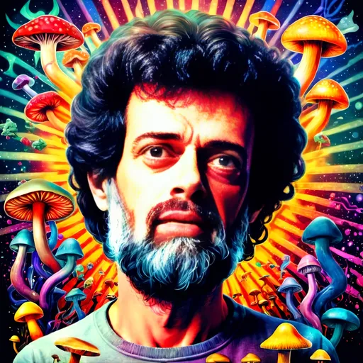 Prompt: Psychedelic poster art illustration of Terence McKenna with brain and psychedelic mushrooms, vibrant and surreal, high detailed, mixed media, trippy color palette, surreal lighting, detailed facial features, psychedelic, surreal, vibrant colors, detailed mushrooms, intricate brain, poster art, high quality, detailed illustration, mixed media, intense and surreal lighting