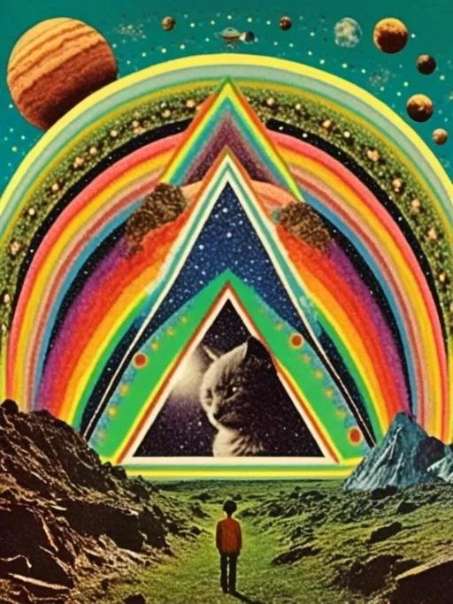 Prompt: <mymodel> Vintage 70s psychedelic surreal sci-fi Collage, analog, cut & paste, outer space, rainbows, spectrum, optical illusions/trippy patterns, surreal alien landscapes, UFOs, « little green men », psilocybin mushrooms, geometric shapes , planets, orbs, black night sky with stars, in the center, cats, 