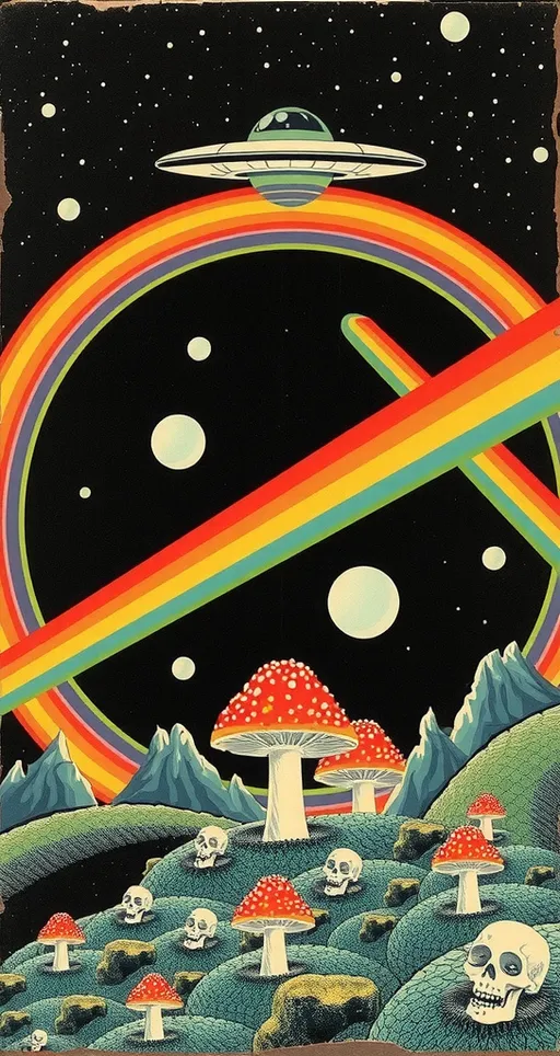 Prompt: <mymodel> Vintage 70s psychedelic surreal sci-fi Collage, analog, cut & paste, outer space, rainbows, spectrum, optical illusions/trippy patterns, surreal alien landscapes, UFOs, « little green men », psilocybin mushrooms, geometric shapes , planets, orbs, black night sky with stars, in the center