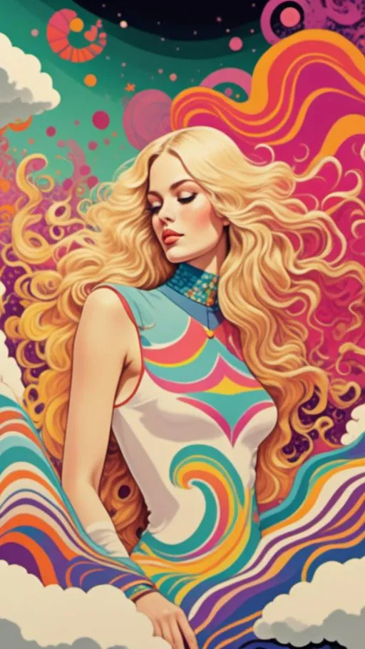 Prompt: <mymodel> psychedelic poster art illustration fashion, woman with long blond curly hair, vibrant colors, detailed psychedelic patterns, high quality, poster art style, bright and vibrant tones, curly hair with intricate details, retro fashion, surreal atmosphere