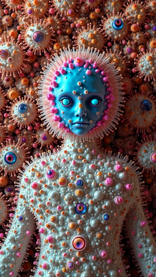 Prompt: an extremely hyper realistic ultra super textural weird trippy surreal psychedelic entity, white, translucent, clear, bright bright pastel colors, oil slick rainbow sheen effect, lots and lots of light, lots of crazy colorful compound psychedelic human eyes, rows of human teeth, fungus, atoms, diatoms,