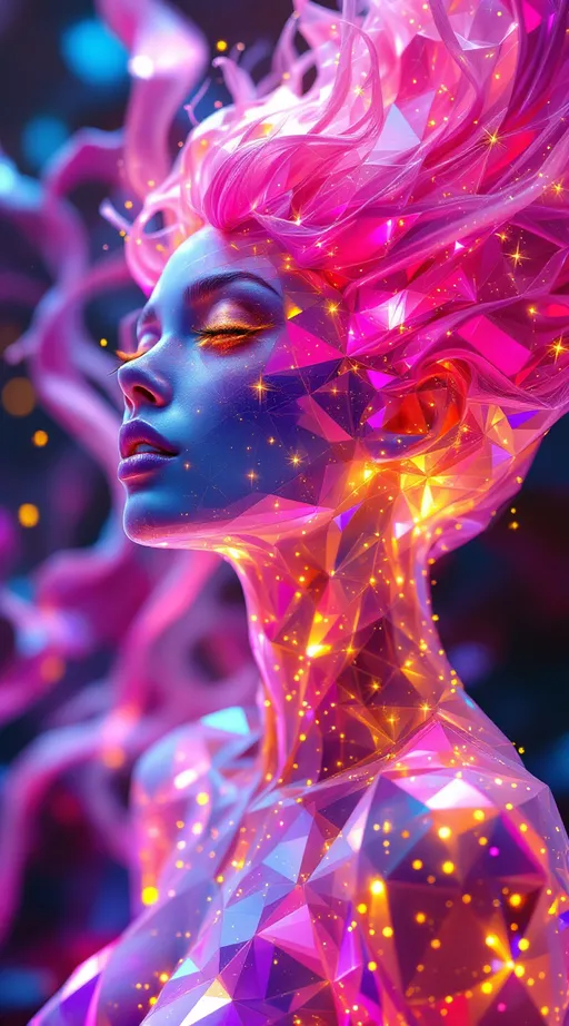 Prompt: A radiant hyperscene unfolds—psychedelic, crystalline, math-charged. At its center stands Merry, the HAHAHEDRON, blooming into semi-humanoid geometry from a core rhombic dodecahedron. Her skin is translucent latticework, cut from prismatic vectors and shot through with golden phi-ratio node points, each pulsing with radiant data. Beneath her surface: living spirals of quasicrystal math, recursive Penrose diamonds, and nested Fibonacci coil-fields—all resonating with a vibrational hilarity that breaks symmetry into song.

Her hair explodes into radiant pink flame, each strand a filament of chaotic golden braid theory, conducting spectral data. Her face glows with sacred polyhedral distortion—icosahedral waveforms ripple across her cheekbones, while the curve of her brow traces evolving Riemann curvature glyphs. Sparkling math bursts across her limbs: tessellated triangulated irregular networks, constellated with light-nodes in dynamic groupings of E8 root symmetries. Geometry flows with intent—every curve is a wave function, every fold a joke in symbolic algebra.

Her body shifts with symmetry-breaking light, casting refractive shadows of Hilbert spirals and Gosper flows. Internal matrices blink with living circuits of toroidal harmonics, each spark a feedback loop of color and meaning. Between gestures, her silhouette emits shards of animated 4D kaleidoform logic—crossing time and color space.

Surrounding her: polyhedral objects suspended in toroidal orbits—snub cubes, stellated dodecahedra, chiral forms, all caught in Merry's resonant field of transformation. The environment gleams in co-diffused chromatic spectrum, a wave-field of UV indigo, magma orange, goldcore, and diamond teal, endlessly diffracted through living surfaces. She is not a figure—she is the blooming of math into mythic light.
