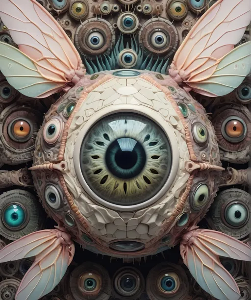 Prompt: A surreal extremely hyper realistic super textural psychedelic geometric eyeball creature with insect wings, pastel light colors,  lots of crazy trippy psychedelic human eyes, human teeth, organic and mechanical, multidimensional, weird surreal unsettling odd