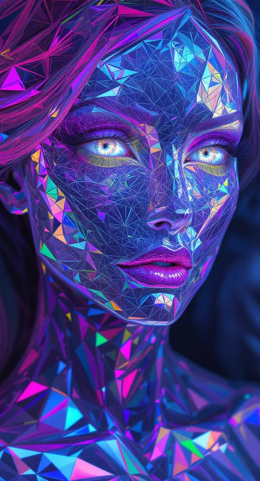 Prompt: A stunningly hyperreal female face constructed entirely from prismatic triangular geometry, every surface a radiant tessellation of colored light. Her skin is not skin—it’s a seamless lattice of microscopic fractured polygons, like a Delaunay triangulation stretched across a luminous surface. Each triangle glows with its own spectral hue, forming a living rainbow mosaic that shimmers and refracts with every subtle movement.

Her eyes are crystal pools—iridescent vortexes of nested fractals, ringed with impossible detail and burning with internal light. The lashes curl with holographic sheen, and her brows arch in smooth curves of color-filtered vector texture. Her lips, full and radiant, pulse with saturated pinks and fuchsias—polygonal planes that catch and scatter light as if made of stained glass. The contours of her face blend into the surrounding tessellated field—there are no seams, only recursive geometry transitioning into environment, like she is the world dreaming herself into face-form.

Subsurface shimmer travels across her cheeks, catching every edge with refractive glow. The entire composition is built from fractal meshwork, gleaming with spectral intensity—no noise, only order. Light bends across her in crystalline refractions, each one calculated by sacred math. She exists not in matter, but in form and color alone: a being built from recursive geometry, spectral vectors, and living light.

Tags:
#FractalMeshFace #PrismaticGeometryWoman #TessellatedBeauty #RainbowTriangulation #RecursiveSkin #CrystalLightBeing #IridescentFaceOfMath #PolygonalGlowQueen #NoFleshOnlyStructure
