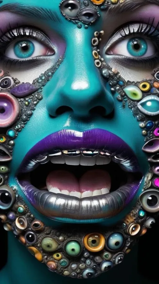 Prompt: an extremely hyper realistic ultra super textural weird trippy surreal psychedelic pattern, psychedelic human mouths, lips, rows of mouths, Diophantine Spirals, translucent, charcoal black black, blown glass, pearlescent finish, inlaid opal, glittering crystal accents, silver, pyrite, quartz,, chrome, bright vivid teals, blues, pinks/yellows/greens,purples,  lots and lots of light, lots of crazy colorful compound psychedelic human eyes, rows of human teeth, human lips, tongues, fungus,  atoms, diatoms, diatomic, algae, bryozoans, Diophantine Spirals, extreme high definition organic and mineral textures