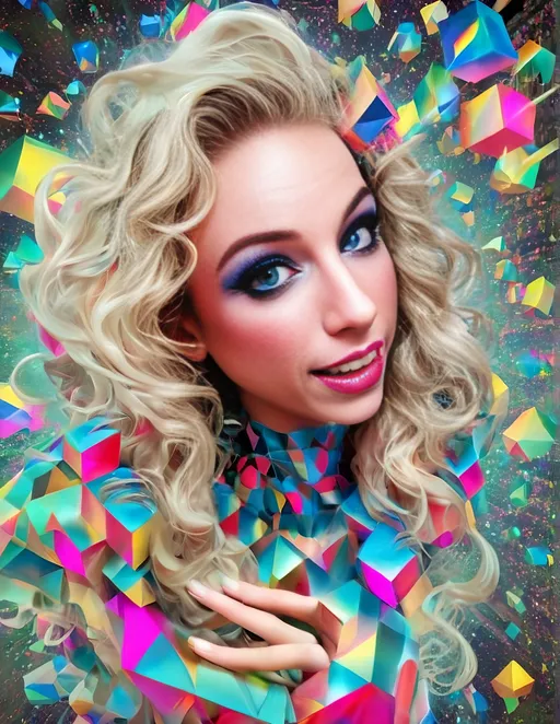 Prompt: a psychedelic hallucination of a female with long blond curly hair modeling avant Garde fashions accessories and makeup created directly out of multidimensional geometry fractals, hypercubes, non Euclidean geometry, psychedelic fashion halucinations 