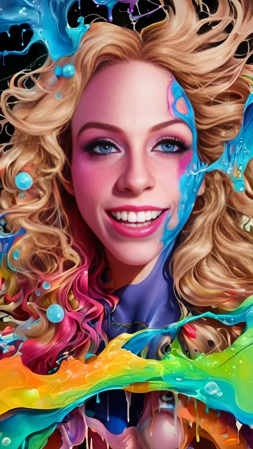 Prompt: Psychedelic melting portrait of a woman with long blond curly hair, dripping and melting in multidimensional geometry, psychedelic, vibrant colors, abstract art, dissolved ego, surrealism, detailed facial features, high quality, artistic, vibrant colors, surreal, psychedelic, abstract, melting effect, curly hair, multidimensional geometry, vibrant colors, dissolved ego, surrealism, detailed facial features, high quality, surreal, artistic