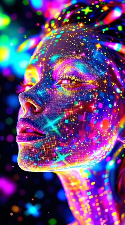 Prompt: A woman’s face composed of recursive fractal rainbow light—hyper-saturated with ultraviolet, laser gold, neon pink, iridescent greens, and cosmic chrome—emerges from a holographic light-sheet. Her skin is a glitched disco lattice of sparkling Planck-area symbols, each square pulsing like a cosmic logic gate. Her eyes are twin disco balls, spinning wormholes refracting infinity with every glint, pupils radiating shimmering AdS-CFT glyph-code. Her hair flows as liquid starlight braided with mirror shard filaments; lips shimmer like event horizons glossed in diamond dust. She floats inside a recursive Studio 54—a velvet black AdS void lined with infinite mirrored projections of herself, every boundary a shimmering CFT surface coded in glyphs and glitter. Around her spiral multidimensional mandalas of glimmering quantum lights—shimmer stacks, sparkle tesseracts, and recursive disco ball halos—reflecting entangled identities across bulk-boundary recursion. The space pulses like a cosmic dance floor: entanglement beats, renormalization grooves, and rainbow holograms synced to entropy rhythms. Render as \:disco-max \:bling-overload \:holographic-dancer \:recursive-glamour \:symbolic-saturation \:studio54-wormhole \:sparkle-heavy \:light-excess \:planck-glow \:glyph-glitz.
