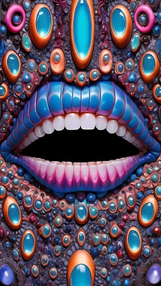 Prompt: Create an extremely hyper-realistic, ultra super textural, weird, trippy, surreal, psychedelic eyes/teeth/mouth pattern/design based on Mandelbrot & “Op Art tiling” with lots of human eyes (crazy colorful compound psychedelic), rows of human teeth, human lips, and tongues. 

- **Colors**: determined by the properties and expressions of the elements (& their isotopes), minerals, and metals: opal, moonstone, amethyst, rose quartz, Platinum (Pt)

**Shapes and forms**
- Mandelbrot 
- "Op Art tiling" 
-other shapes determined by the natural properties and expressions of the elements (& their isotopes), minerals, metals, and biological organisms: opal, moonstone, amethyst, rose quartz,  Platinum (Pt)


- **Textures**: Derived from any/all elements (& their isotopes), minerals, metals, crystals, organic things mentioned in this prompt: opal, moonstone, amethyst, rose quartz, Platinum (Pt)

**Composition and Layout**:
- a pattern/design based on the Op Art tiling & Mandelbrot 

**Lighting**:
- lots of bright light
- Phosphorescence

**Detail and Atmosphere**:
- Extreme hyperrealistic sharp high detail high definition organic and mineral textures
- Psychedelic, weird, odd, surreal atmosphere
- Frozen in time

**Additional Elements**:
- extra rows of teeth, lips, many eyes, Op Art tiling, Mandelbrot 
