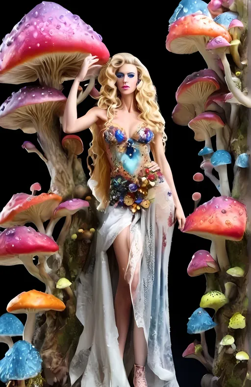 Prompt: extremely hyperrealistic extremely high textural figurine of a Woman with long blond curly hair and mushrooms made of extremely high definition high detail textural encrusted precious gemstones, fungal clothes encrusted with sparkling crystals, high-quality, magical realism, vibrant colors, detailed facial features, natural lighting