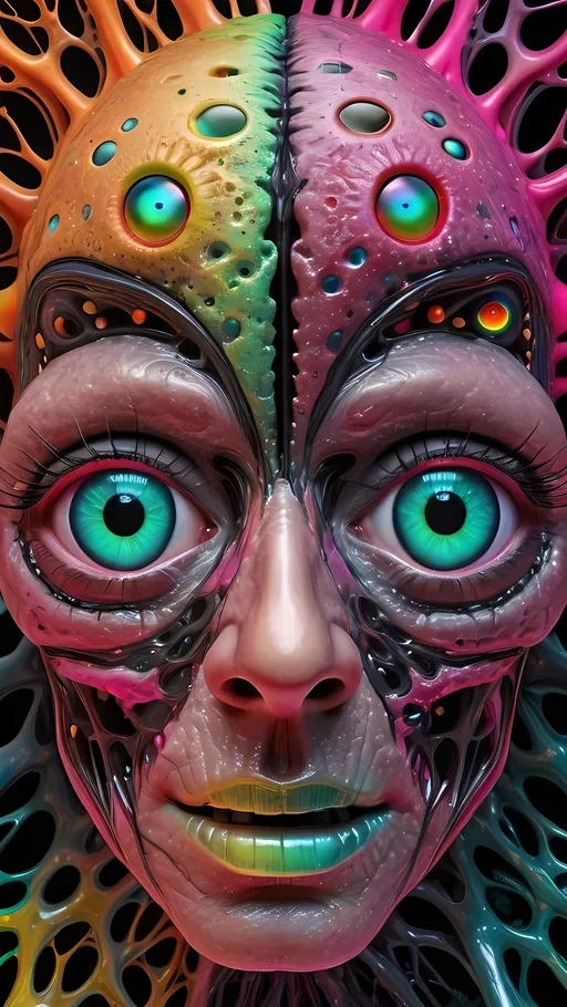 Prompt: an extremely hyper realistic ultra super textural weird trippy surreal psychedelic entity, crazy psychedelic compound human eyes, neurons, synapses, nervous system, chemicals, rows of human teeth, translucent black, hot pink, pinks, silver, yellow, orange, green, teal, copper, Gyroid Structures, oil slick rainbow sheen effect
