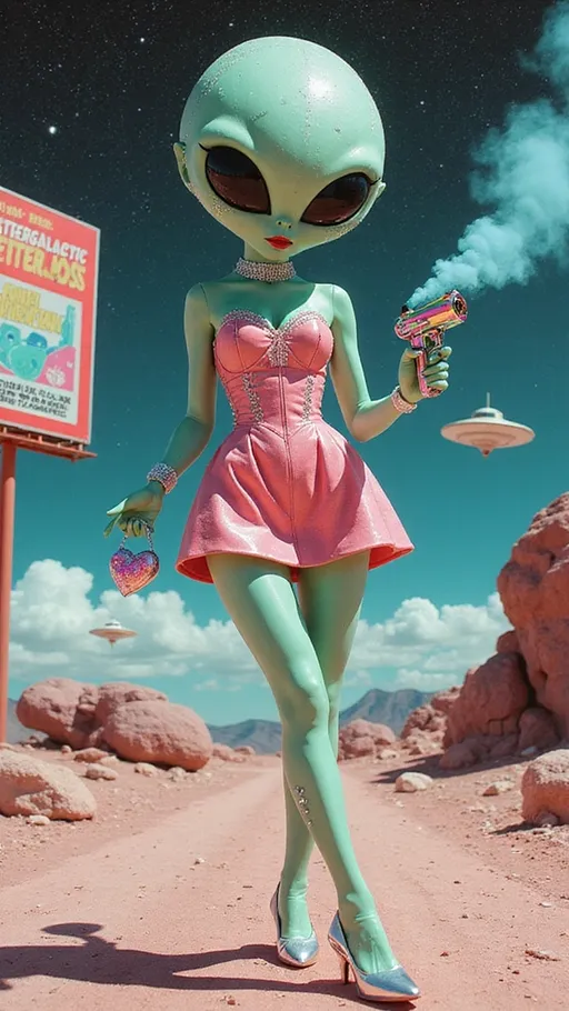 Prompt: A super hyper-stylized alien babe with mint-green skin, a large conical head, and huge glossy solid black almond-shaped eyes struts down a chrome-pink asteroid catwalk like she owns the cosmos. Her proportions are wildly exaggerated—tiny waist, long legs, and a towering 1960s-style bouffant in high-gloss bubblegum pink, studded with glittering crystal barrettes. She wears a skintight holofractal minidress in classic mod style: sweetheart neckline, cinched waist, and bold chrome seams that catch the starlight. One hand holds a tiny holographic purse shaped like a heart; the other brandishes a pastel raygun still trailing rainbow smoke, held like a cigarette. Her lips curl into a smug little smirk, lashes exaggerated into cartoon curves. She glows with brat energy—totally glamorous and ready to vaporize your self-esteem. Around her, retro billboards glitch in and out with ads for “Intergalactic Glitter Gloss,” UFOs cruise like vintage cars, and spiraling moiré portals flicker in the sky. Everything pops in saturated teal, chrome pink, and holographic rainbow, with soft analog grain and high-gloss cartoon glam.

Style: retro pop / retrofuturistic cute. Proportions: fashion doll. Finish: shiny, grainy, glossy, hyper-colorful. Vibe: vintage Barbie meets B-movie alien overlord meets sass queen.
