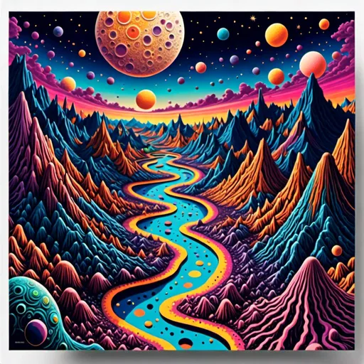 Prompt: <mymodel>Psychedelic poster art illustration of the moon surface, vibrant colors, surreal craters, intricate psychedelic patterns, high quality, detailed linework, surreal, moon surface, vibrant colors, psychedelic poster art, intricate patterns, high-res, surreal craters, detailed linework, vibrant tones, atmospheric lighting