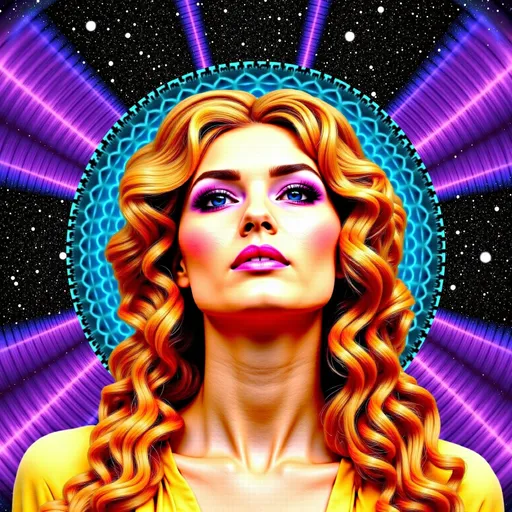 Prompt: 
A radiant Caucasian woman with untamed, spiraling blond curls that twist and morph into fractal patterns, glowing with vibrant, hallucinatory hues—electric blues, neon greens, and ultraviolet purples. Her hair becomes a living tapestry of sacred geometry and infinite mandalas, pulsating with the rhythm of a cosmic heartbeat. Her face is illuminated by a divine, otherworldly glow, her eyes reflecting hyperspace itself—swirling galaxies, alien landscapes, and shimmering, liquid lightforms. The background is an explosion of psychedelic ecstasy: a vortex of infinite dimensions, morphing with DMT-like intensity into crystalline patterns, organic tendrils, and cascading rivers of molten color. The scene feels alive, as if the boundaries between her and the universe dissolve, revealing the interconnectedness of all things. The atmosphere radiates transcendence, the merging of inner and outer realities, and the infinite possibilities of consciousness.
