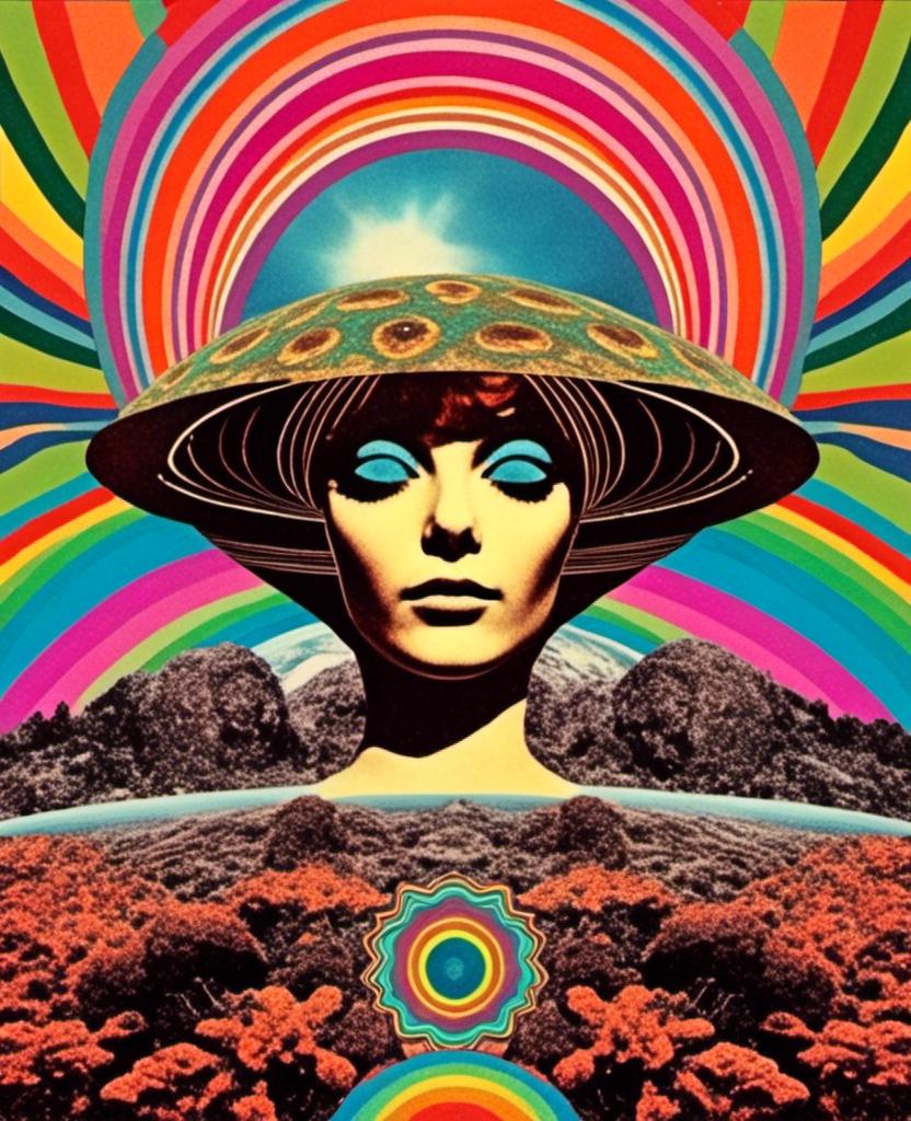Prompt: L<mymodel> a vintage 70s psychedelic collage featuring photographs and art spliced together to produce an image that has the surreal feel of vintage 70s science fiction art but is a psychedelic college of the following elements, importance ranging from highest to lowest- trippy psychedelic patterns and optical illusion effects, mushrooms/fungus of all kinds in all colors of the rainbow, alien/desert/mountain landscapes, planets/moons/orbs, rainbow spectrums, colorful auras, cats, candy, insects, animals