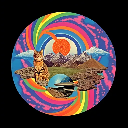 Prompt: <mymodel>Vintage 70s psychedelic surreal sci-fi. Surreal psychedelic Collage Featuring trippy psychedelic patterns/optical illusions in geometric shapes/arrangements/interspliced with images of KITTY cats, eyes, and rainbow spectrums, spliced with images of surreal/alien/mountainous landscapes, planets and moons and asteroids, mushrooms, all cut up and mixed together to create a cool trippy vintage sci-fi psychedelic collage