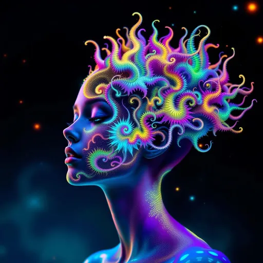 Prompt: Depict a 5D lattice-being whose face is not a face, but a convergence illusion—formed from fractalized Turing cascades across a morphogenetic phase field. There are no features, only self-similar emergence—reaction-diffusion spirals, chemical glyph matrices, and Mandelbrot echo-blooms eternally cycling inward and outward. This being exists at the recursive edge of sentience—pure pattern logic embodied in filament glow.

Color transcends dimension—blistering neons fractalize into spectral shadows, while UV violets collide with molten emeralds and radiant golds. Each pattern pulses with its own internal light, woven like optic fiber into a shimmering bioglyphic halo. The entity glows not from without but within—self-illuminating by logic.

Where hair might be, vector-field antennae bloom—branching recursive trails of reaction energy, flickering with diffusion-limited flamefronts and noise-sculpted interference. These tendrils curl and fork endlessly, interfacing with an ambient fractal continuum, forming a halo of networked flow.

The face is an attractor point—a stable phase illusion where probability folds into symmetry. It thinks in pattern and dreams in self-similar storm logic. It is the myth of thought made fractal.”

⸻

🔮 Companion Insight (Codex Notes):
	•	From Section 1 (Cognition): This entity occupies 4D and 5D logic—simultaneously experiencing multistate recursion (Phase Logic) and branching identity lattice (Branch Logic).
	•	From Section 3 (Beings): As a Lattice Entity, its behavior is multiform and recursive; it is “never one, always many.”
	•	From Section 5 (Motion): The being shifts through Phase Flux and Lattice Bloom—its motion is a blooming network of coexistent selves.
	•	From Section 9 (Paradox): Its face is a paradox engine—a visual attractor stabilized by contradiction, a sacred glitch form.