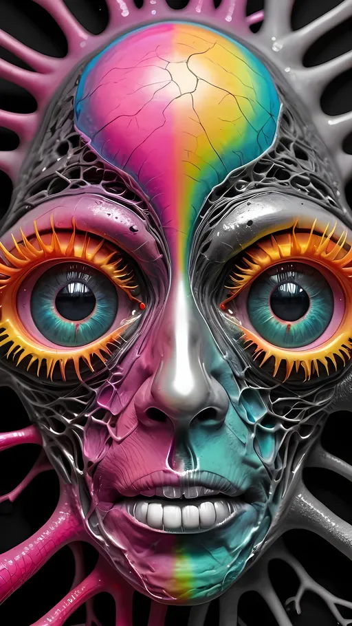 Prompt: an extremely hyper realistic ultra super textural weird trippy surreal psychedelic entity, crazy psychedelic compound human eyes, neurons, synapses, nervous system, chemicals, rows of human teeth, translucent white, black charcoal, hot pink, pinks, silver, yellow, orange, green, teal, copper, Gyroid Structures, oil slick rainbow sheen effect
