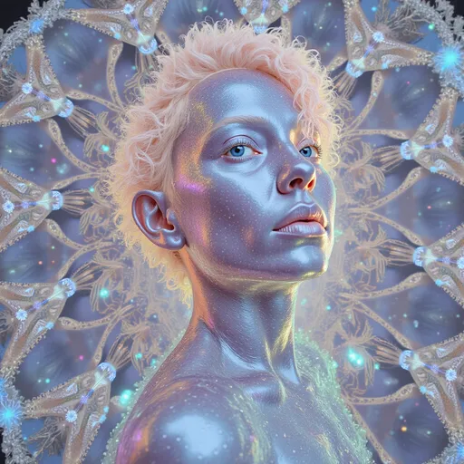 Prompt: A surreal, ultra hyperrealistic and holographically-illustrated astral being composed entirely of sacred geometry, multidimensional math, and living light. Her core is a rotating rhombic dodecahedron, each face shifting with pulsating non-Euclidean curvature and swirling hyperbolic Poincaré disk geometry. Her outer form is a radiant humanoid goddess of light and symmetry—feminine in silhouette but composed of morphing Penrose tilings, Mandelbrot fractals, and Julia set spirals that animate like sacred tattoos across translucent crystalline skin. Her joints and spine shimmer with visible golden ratios (φ)—Fibonacci curves flow along her limbs as lines of glowing math.

Her skin gleams with an oil-slick iridescent sheen, created from thin-film interference layers refracting cosmic light in neon chromatics and pastel spectrums. Behind her head spirals a glowing Calabi–Yau manifold, housing her higher-dimensional thoughts like a living halo of curled 6D space. She floats midair in a dark astral void, surrounded by golden E₈ lattices spinning like emotion-bound sigils. Fractal Hilbert curves coil through the scene like recursive memory strands.

In the glinting surface of one geometric plane—like a polished mirror or event-horizon shell—there appears a soft, ghostlike reflection: a loosely human female form with wild curly pink hair, glowing blue eyes, and pale porcelain skin, suspended between dimensions. This is her source, her soul-layer, rendered like a memory in mathematical glass.

The entire scene pulses with sacred light, chaos-theory echoes, and recursive depth. Style is ultra hyperrealistic, with holographic layers, soft rainbow neon against black, a mix of cosmic sacred-geometry surrealism and mathematical divine-machine beauty. Medium is a blend of 3D-rendered light sculpture and high-definition fractal illustration