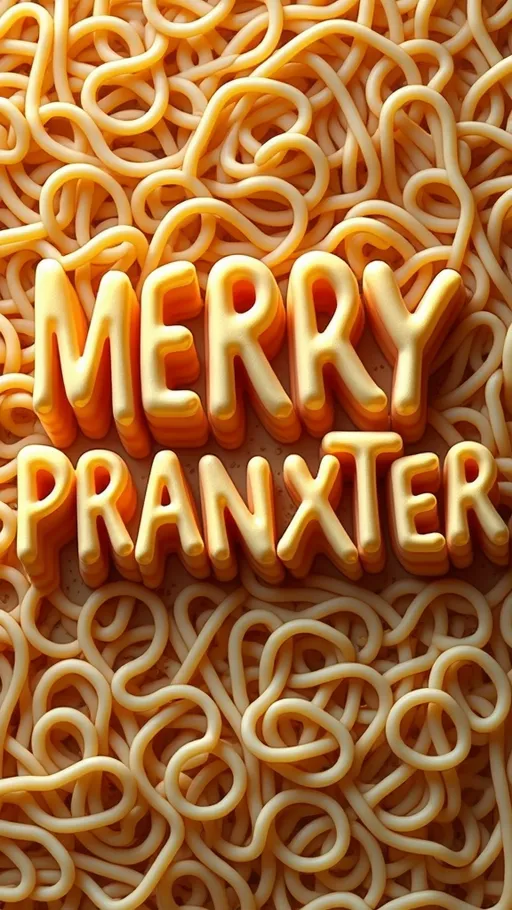 Prompt: Create a hyperrealistic background image featuring the text 'MERRYPRANXTER' organically formed by ramen noodles. The noodles should swirl and flow into the letters, creating a fluid, 3D script that appears as if it naturally evolved from the surrounding noodles. The text should seamlessly blend with an overhead view of ramen noodles that fills the screen from edge to edge. Capture the intricate, wavy patterns and detailed texture of the noodles, with subtle variations in color and shadow. The overall image should evoke the sensation of a perfectly cooked bed of ramen, with each noodle strand distinct yet harmoniously integrated into the swirling, script-like text.