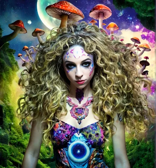 Prompt: 4k, ultra-detailed, psychedelic, trippy, bright colors, vivid, black light poster, girl with longish blond curly hair, psychedelic magic mushrooms, trippy hallucinations, optical illusions, patterns, crystals, moss, forest, moon, geometry fractals, vibrant colors, detailed hair, surreal, vibrant lighting