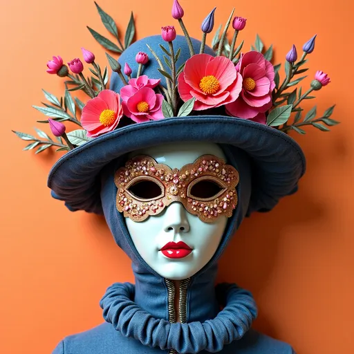 Prompt: To create a mask design featuring floral and botanical hats, collars, and accessories with a psychedelic twist, all made from mixed media paper techniques, here's a detailed AI art prompt:

"Design a mask showcasing floral and botanical hats, collars, and accessories with a psychedelic twist. The entire composition should be crafted from mixed media paper techniques, including folded paper, origami, handmade paper, paper forms, cut paper, and quilling. Incorporate elements like sequins, beads, metallic foils, and glitters to add texture and shine. Use newspaper as a base material to add an eclectic touch. The floral and botanical elements should be vibrant and surreal, with exaggerated colors and whimsical patterns typical of a psychedelic style. The accessories should be intricately detailed, with a harmonious blend of textures and forms, creating a visually captivating and imaginative piece. The background should be a solid color to highlight the mask's elaborate details."