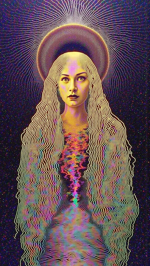 Prompt: An abstract design celebrating vibration as the root of all creation features a central figure—a woman with long blond curly hair—whose flowing strands transform into golden vibrating strings, radiating harmonic waveforms that blend seamlessly with the surrounding elements. The background is an intricate tapestry of cymatic and Chladni patterns, resembling mandalas in shimmering gold and silver tones, representing the intricate beauty of vibration. Ripple patterns, in shades of blue and green, expand outward from her position, creating concentric waves that symbolize the propagation of energy through space. Above and around her, vibrant auroral streaks of purple, pink, and blue dance like cosmic light waves, adding a dynamic, ethereal quality to the composition. Her presence is surrounded by circular, pulsating patterns that echo her form, creating a glowing halo effect of oscillating energy. Resonance and amplitude are emphasized through amplified, glowing waveforms near her, symbolizing her connection to the universal energy of creation. The entire design harmoniously blends the fluidity of ripple motion, the precision of cymatic geometry, and the organic flow of her hair, celebrating the interconnectedness of life and vibration in a cohesive yet abstract visual masterpiece.