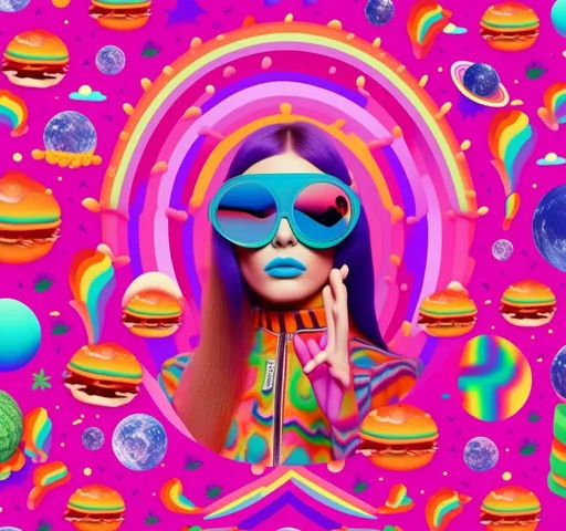 Prompt: a psychedelic collage with a vintage 70s sci animation feel to it except the theme is 90s internet memes. It is to be a collage of photographs and illustrations, outer space, planets, landscapes, optical illusion patterns, geometric shapes, eyes, hands, body parts, with rainbows, 404 error warnings, hamsters, cats, hot dogs, hamburgers, llamas, pickles, candy, chips, pixels, orbs, 90s style iconography spliced together with a vintage 70s psychedelic collage effect<mymodel>