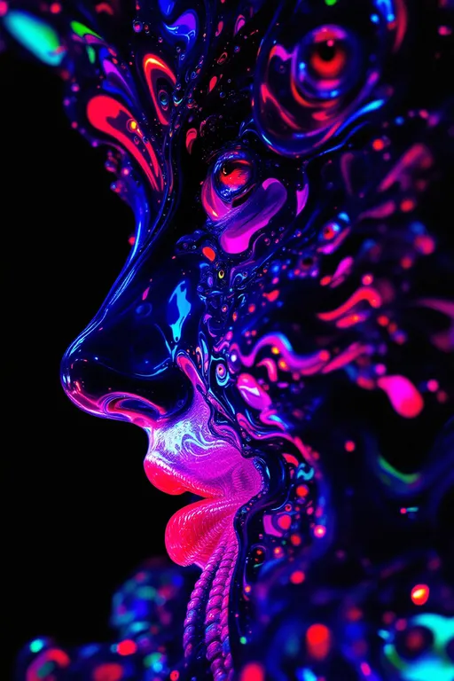 Prompt: A maximalist acidic-psychedelic construct shimmering with oil-slick prisms and soap-bubble diffraction, bathed in ultraviolet chromes and radioactive neons. Every surface refracts like dragonfly wings, rippling in impossible gradients. Anatomy is here—but bent, broken, recursive, refusing to stabilize.
A ribcage spirals into itself like a Möbius loop, ribs fractalizing into Fibonacci spirals that braid into lattices of bone and light. The sternum splits into Penrose tiles, folding paradoxically inward and outward, both convex and concave at once. Veins thread into Mandelbrot trees, each capillary splitting infinitely into smaller and smaller vascular infinities, glowing cobalt and magenta like electric rivers.
Skin is no longer skin but a Klein-bottle membrane stretched over contradiction, painted with iridescent fractal optics. Pores open into infinite mouths, each lip blooming into smaller lips, each tongue sprouting eyes that look back at themselves. Cheekbones inscribe Gödel glyphs that loop into unsolvable proofs. Foreheads split into Escher staircases of flesh, each step tiled with eyes that blink open and shut asynchronously.
The chest houses paradox: a heart that beats and does not beat, pulsing with ζ(s) waves, Euler chrome inscriptions across its surface. Lungs fracture into Sierpinski triangles, inhaling and exhaling infinite recursion. Organs shimmer as transparent glass, filled with kaleidoscopic prisms refracting rainbows into themselves.
Hair is a storm of fractal tendrils, Möbius curls and Fibonacci coils, weaving into galaxies of nested faces and eyes. Each curl contains another curl, each strand an ouroboros of lips