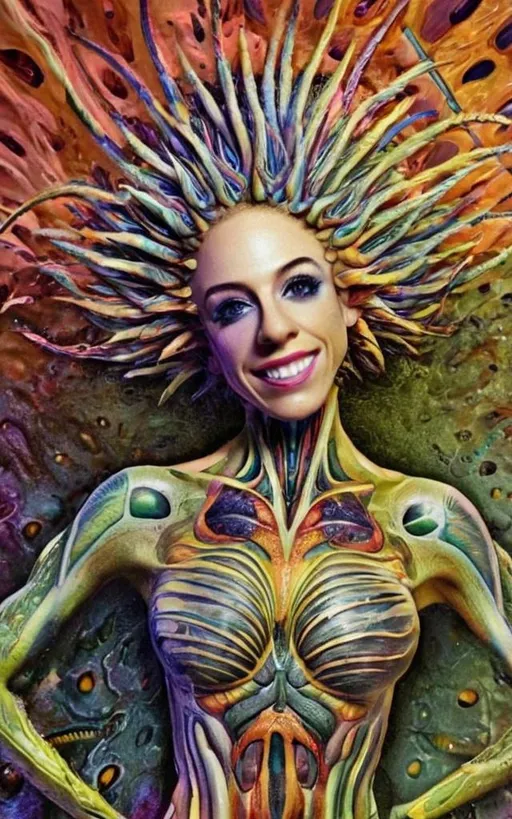 Prompt: Extreme psychedelic hyperrealism- Super high definition ultra textural floral entity psychedelic hallucination surrealism, psychedelic alien flower creature, detailed, highres, intense colors, eerie lighting, bizarre features, unsettling atmosphere, otherworldly, distorted proportions, mind-bending, dreamlike, abstract,, organic textures