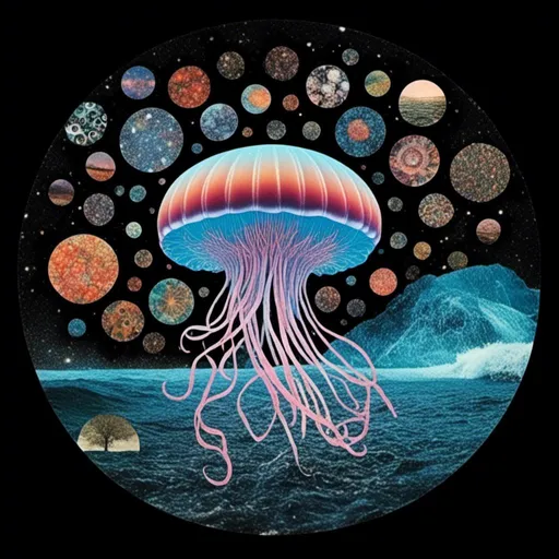 Prompt: <mymodel>A psychedelic surreal collage featuring photographs and art of jellyfish in space, spliced with photos/art of bubbles, optical illusions/trippy psychedelic patterns, underwater seascapes, geometric shapes to create a surreal jellyfish psychedelic collage design