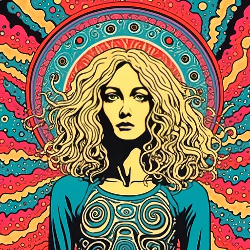 Prompt: <mymodel>Psychedelic poster art illustration of a girl with long blond curly hair getting beamed up into a flying saucer UFO, vibrant and surreal colors, trippy visual effects, detailed facial features with wide eyes and flowing hair, surreal abduction scene, high quality, vibrant colors, surreal, psychedelic, detailed facial features, poster art style, trippy visual effects, surreal abduction, vibrant and surreal colors, flowing hair, wide-eyed gaze, professional, atmospheric lighting