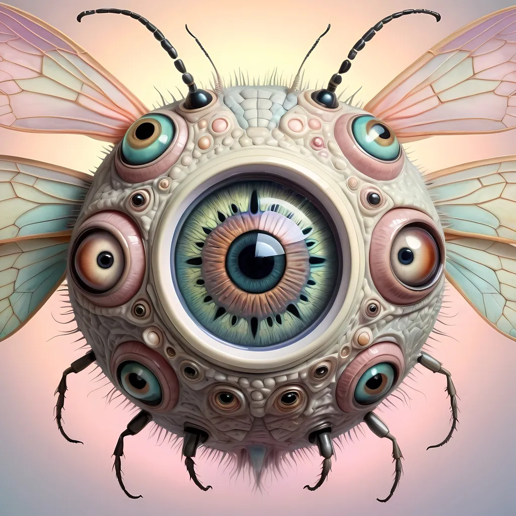 Prompt: A surreal extremely hyper realistic super textural psychedelic geometric eyeball creature with insect wings, pastel light colors,  lots of crazy trippy psychedelic human eyes, human teeth, organic and mechanical, multidimensional, weird surreal unsettling odd