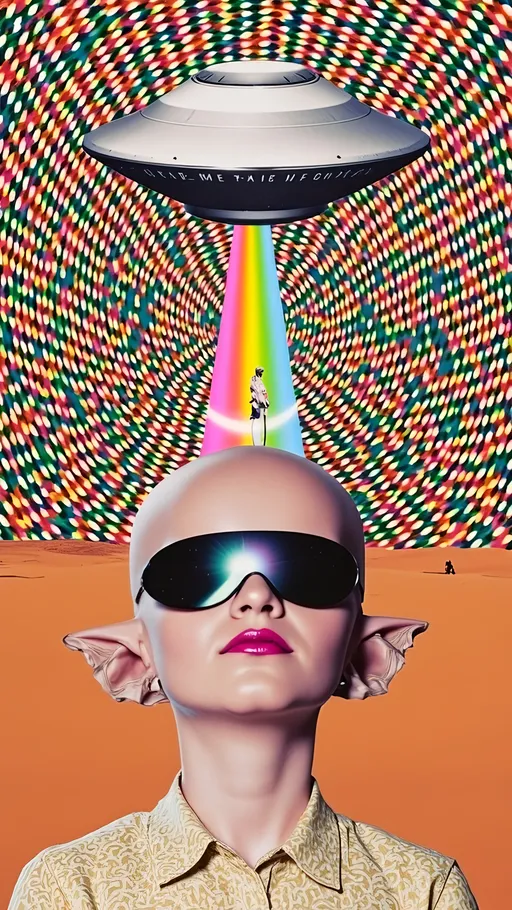 Prompt: Create a hyperrealistic yet illustrative close-up of an alien girl's face and the text phrase “TAKE ME HOME” - Her head is conical-shaped and bald, with large almond-shaped eyes that reflect a mesmerizing array of colored lights. She gazes up at a massive UFO hovering above, its metallic silver surface shimmering with holographic hues. The UFO is adorned with intricate alien designs, showcasing fine, delicate patterns that suggest advanced technology. A ray of light beams down from the UFO, casting a soft glow on her features. The scene is filled with ultra-fine details, blending realism with artistic creativity, capturing an otherworldly beauty.