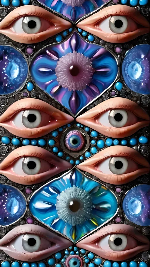 Prompt: Create an extremely hyper-realistic, ultra super textural, weird, trippy, surreal, psychedelic eyes/teeth/mouth pattern/design based on Mandelbrot & “Op Art tiling” with lots of human eyes (crazy colorful compound psychedelic), rows of human teeth, human lips, and tongues. 

- **Colors**: determined by the properties and expressions of the elements (& their isotopes), minerals, and metals: opal, moonstone, Kunzite, selenite, rose quartz, Platinum (Pt)

**Shapes and forms**
- Mandelbrot 
- "Op Art tiling" 
-other shapes determined by the natural properties and expressions of the elements (& their isotopes), minerals, metals, and biological organisms: opal, moonstone, Kunzite, selenite, rose quartz,  Platinum (Pt)


- **Textures**: Derived from any/all elements (& their isotopes), minerals, metals, crystals, organic things mentioned in this prompt: opal, moonstone, Kunzite, selenite, rose quartz, Platinum (Pt)

**Composition and Layout**:
- a pattern/design based on the Op Art tiling & Mandelbrot 

**Lighting**:
- lots of bright light
- Iridescence
- Aventurescence
- Chatoyancy
- Asterism

**Detail and Atmosphere**:
- Extreme hyperrealistic sharp high detail high definition organic and mineral textures
- Psychedelic, weird, odd, surreal atmosphere
- Frozen in time

**Additional Elements**:
- extra rows of teeth, lips, many eyes, Op Art tiling, Mandelbrot, Iridescence
