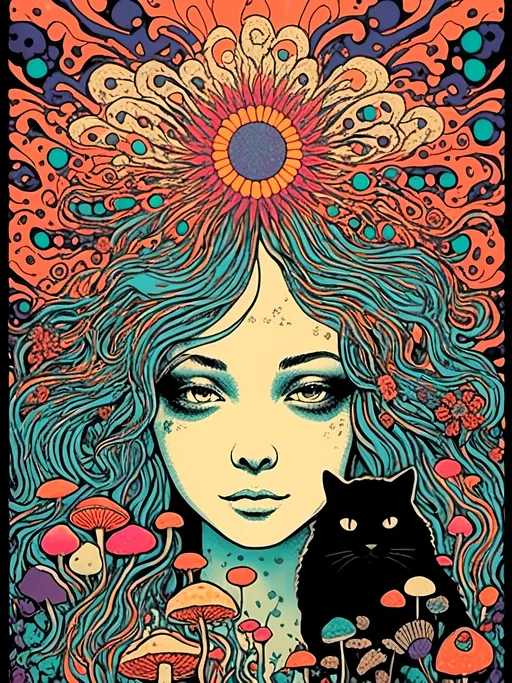 Prompt: <mymodel>Psychedelic poster illustration of a girl with long, curly blond hair, solid black cat, trippy mushrooms, wildflowers, vibrant colors, high-quality, poster art, surreal, detailed hair, psychedelic, detailed cat, colorful, vibrant, surreal, professional lighting