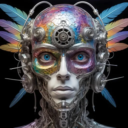 Prompt: An extremely hyperrealistic non humanoid flying, super high textural, silver, white, translucent, bright pastel colors, oil slick rainbow sheen, lots of light, weird trippy surreal psychedelic entity, mechanical and biological, human head with 4 faces, interdimensional geometric mechanical tesseract within tesseract, wheels within wheels spinning different directions on different axis, covered in lots of crazy psychedelic trippy human eyes, everywhere, all over it eyes, leather, metal, skin, feathers, extreme organic and metallic textures