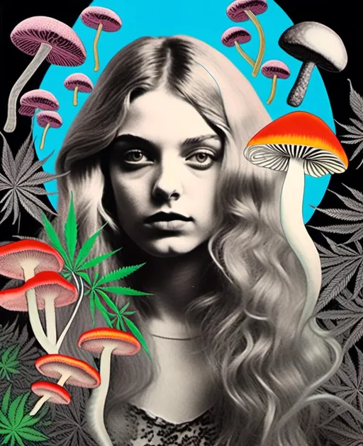 Prompt: <mymodel>Mixed media collage of a girl with long blond curly hair and blue eyes, black and white photograph, pops of vibrant color with cannabis leaves, mushrooms, smoke and fractals in the background, hand-colored, high contrast, psychedelic, detailed facial features, vintage style, atmospheric lighting