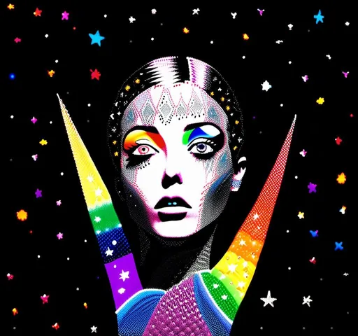 Prompt: a photograph (black and white or halftone) of a woman with multimedia colorful galaxies and stars in her wide eyes who is vomiting pure rainbows and stardust sparkles. She wretches as a beautiful spectrum of colorful light and sparklies made of paint, enamel, glitter, foils, pearl dust, rhinestones, metal, beads, marker, etc spills from her open mouth with force lighting up the room<mymodel>