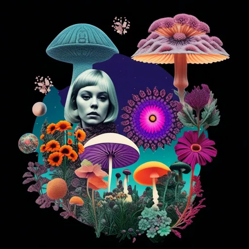 Prompt: A psychedelic collage evoking a vintage 70s sci fi feel but I stead of the sci-fi theme let’s do wildflowers. Photos and art of wildflowers spliced with things like psychedelic patterns/optical illusions, landscapes, geometry, mushrooms/fungus, insects, crystals, gemstones, the sun & moon, etc. Employ a pretty floral color pallet but keep that surreal feel in this natural organic psychedelic collage<mymodel> 