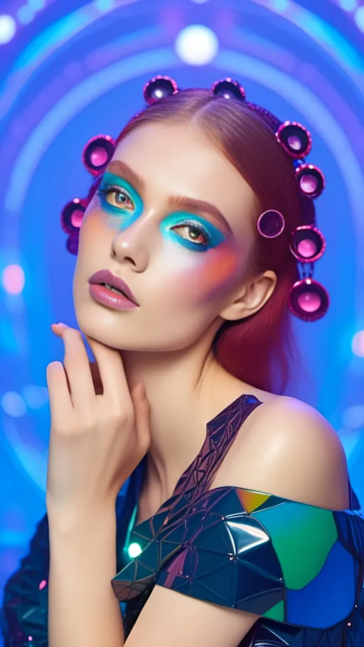 Prompt: <mymodel>High-quality 3D rendering of an extraterrestrial female, vibrant and colorful makeup, futuristic alien high fashion, ads-automotive style, alien goddess, detailed skin texture, otherworldly beauty, vibrant colors, cosmic makeup, holographic clothing, sleek design, professional lighting, sci-fi, highres, ultra-detailed, futuristic, vibrant tones, cosmic lighting colored skin tone 