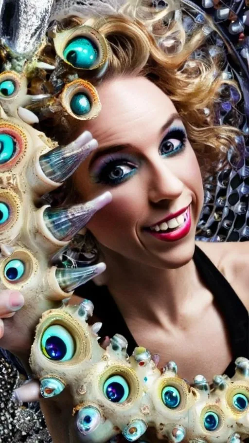 Prompt: an extremely hyper realistic ultra super textural weird trippy surreal psychedelic entity, Diophantine Spirals, translucent, white, blown glass, pearlescent finish, inlaid opal, glittering crystal accents, silver, pyrite, quartz,, chrome, bright vivid teals, blues, pinks/yellows/greens,purples,  lots and lots of light, lots of crazy colorful compound psychedelic human eyes, rows of human teeth, human lips, tongues, fungus,  atoms, diatoms, diatomic, algae, bryozoans, Diophantine Spirals, extreme high definition organic and mineral textures
